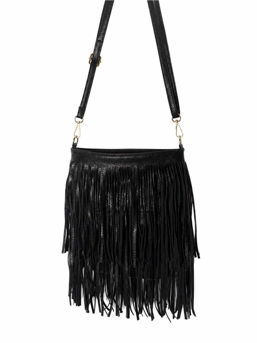 Black Fringe Leather Crossbody Bag with Adjustable Strap
